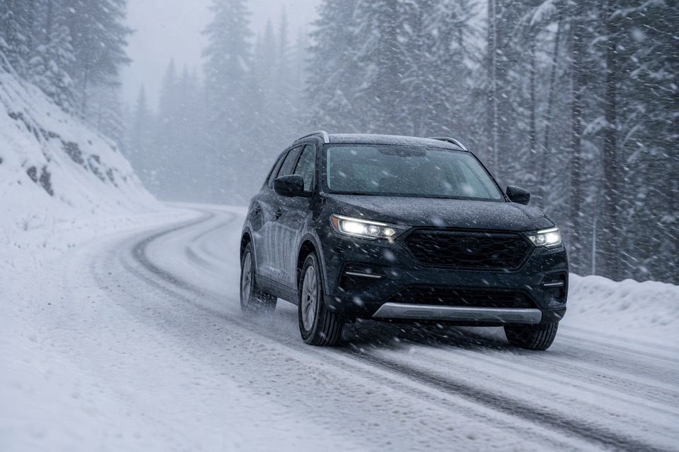 Vehicle driving on a snowy winter road
